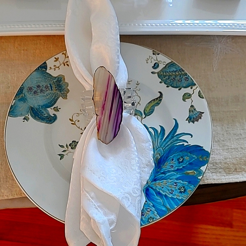 NEW 4 Brazilian Agate Quartz purple luxury napkin Rings gold trim